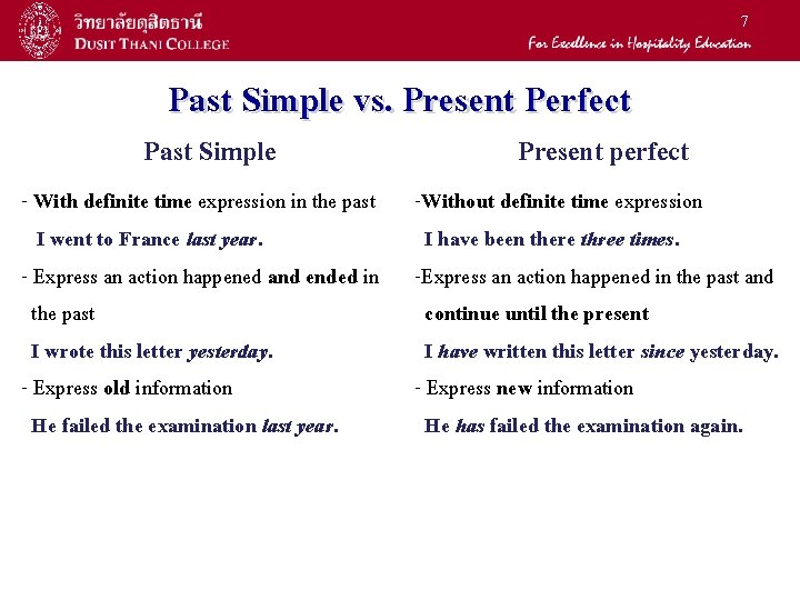 7 Past Simple vs. Present Perfect Past Simple - With definite time expression in