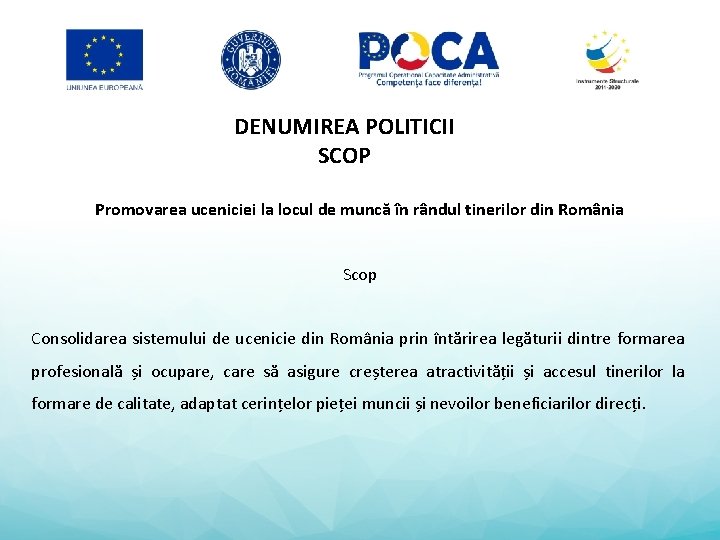 DENUMIREA POLITICII SCOP Promovarea uceniciei la locul de muncă în rândul tinerilor din România