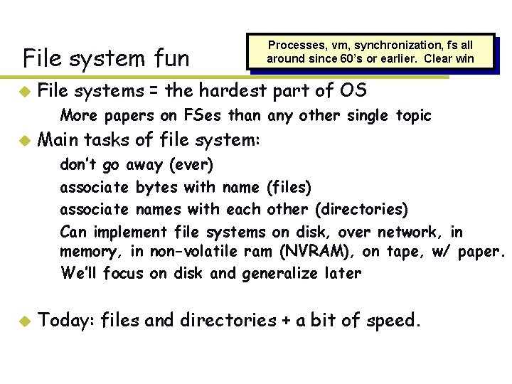 File system fun u Processes, vm, synchronization, fs all around since 60’s or earlier. File system fun u Processes, vm, synchronization, fs all around since 60’s or earlier.