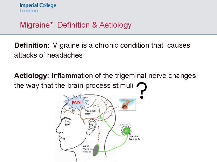 Migraine*: Definition & Aetiology Definition: Migraine is a chronic condition that causes attacks of
