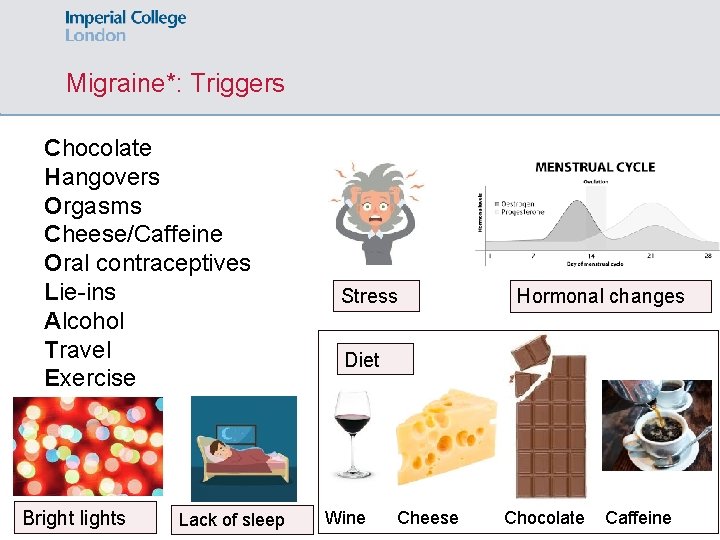 Migraine*: Triggers Chocolate Hangovers Orgasms Cheese/Caffeine Oral contraceptives Lie-ins Alcohol Travel Exercise Bright lights