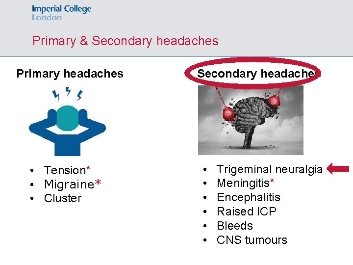 Primary & Secondary headaches Primary headaches • Tension* • Migraine* • Cluster Secondary headaches