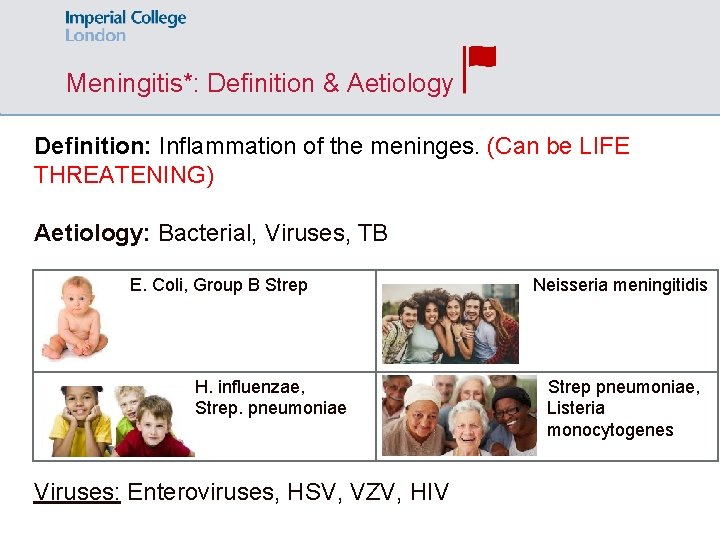 Meningitis*: Definition & Aetiology Definition: Inflammation of the meninges. (Can be LIFE THREATENING) Aetiology: