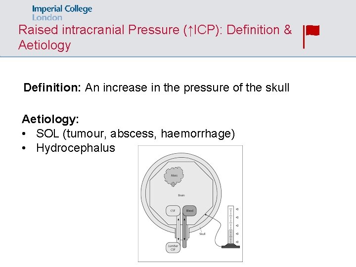 Raised intracranial Pressure (↑ICP): Definition & Aetiology Definition: An increase in the pressure of
