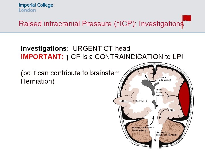 Raised intracranial Pressure (↑ICP): Investigations: URGENT CT-head IMPORTANT: ↑ICP is a CONTRAINDICATION to LP!