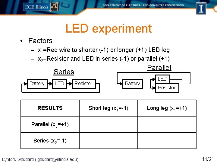 LED experiment • Factors – x 1=Red wire to shorter (-1) or longer (+1)