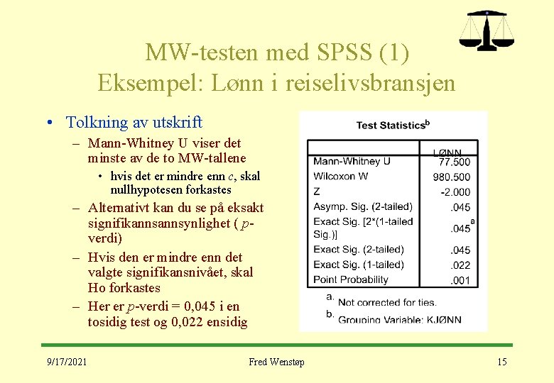 MW-testen med SPSS (1) Eksempel: Lønn i reiselivsbransjen • Tolkning av utskrift – Mann-Whitney