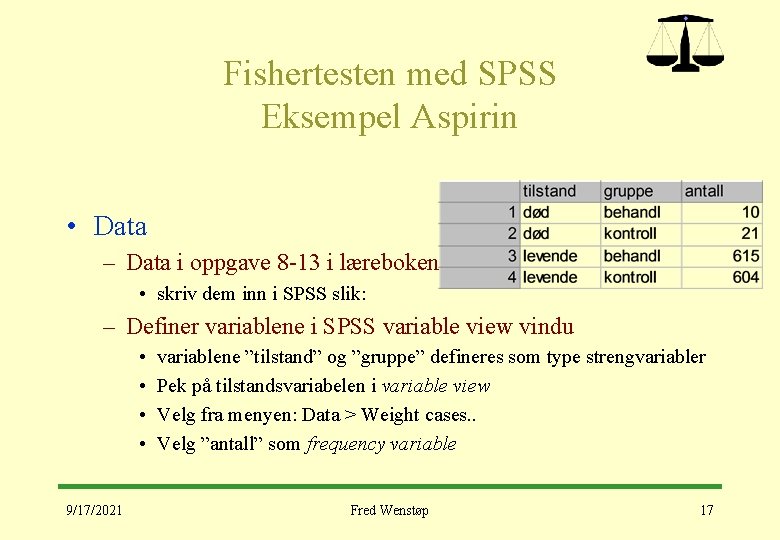 Fishertesten med SPSS Eksempel Aspirin • Data – Data i oppgave 8 -13 i