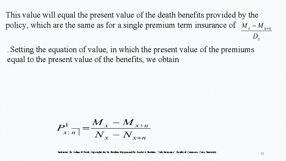 This value will equal the present value of the death benefits provided by the