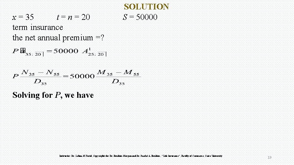 x = 35 t = n = 20 term insurance the net annual premium
