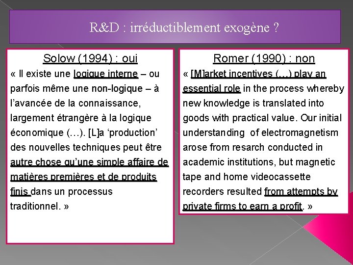 R&D : irréductiblement exogène ? Solow (1994) : oui Romer (1990) : non «