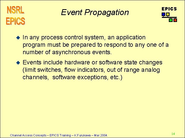 Event Propagation EPICS u In any process control system, an application program must be