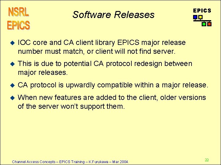 Software Releases EPICS u IOC core and CA client library EPICS major release number