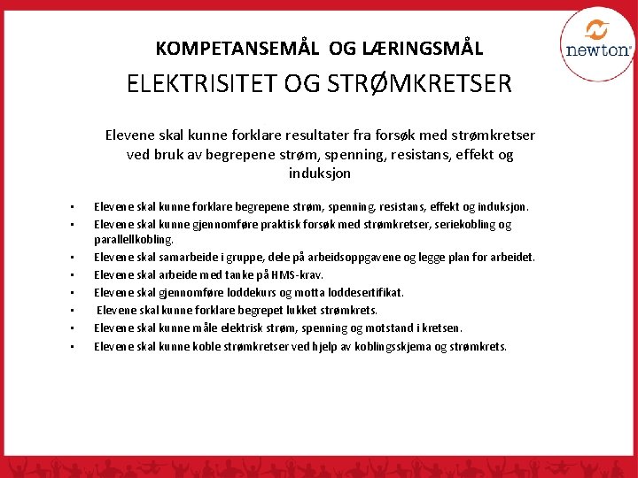 KOMPETANSEMÅL OG LÆRINGSMÅL ELEKTRISITET OG STRØMKRETSER Elevene skal kunne forklare resultater fra forsøk med