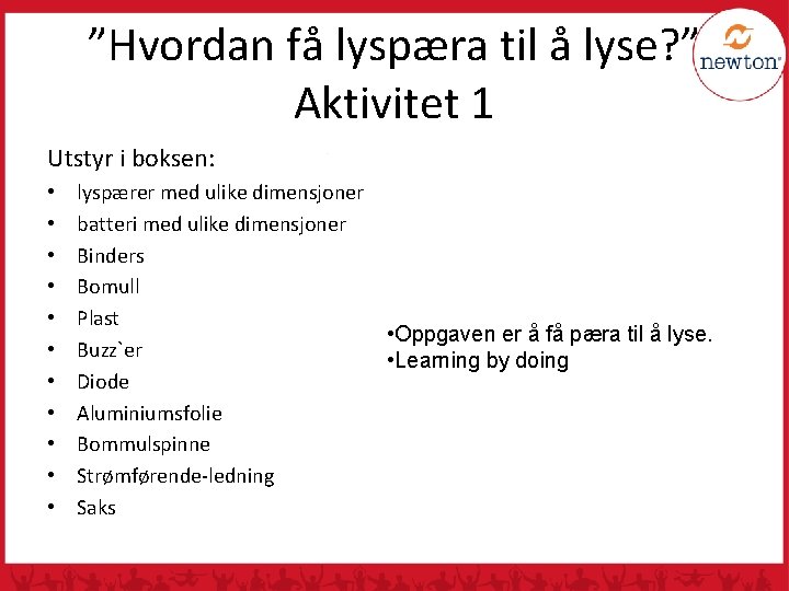 ”Hvordan få lyspæra til å lyse? ” Aktivitet 1 Utstyr i boksen: • •