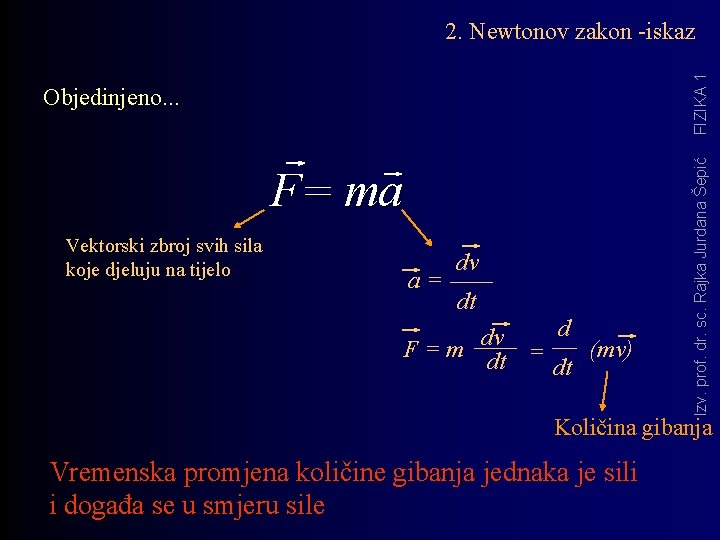 Objedinjeno. . . F= ma Vektorski zbroj svih sila koje djeluju na tijelo a=