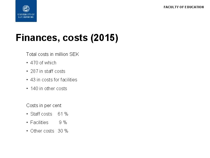FACULTY OF EDUCATION Finances, costs (2015) Total costs in million SEK • 470 of