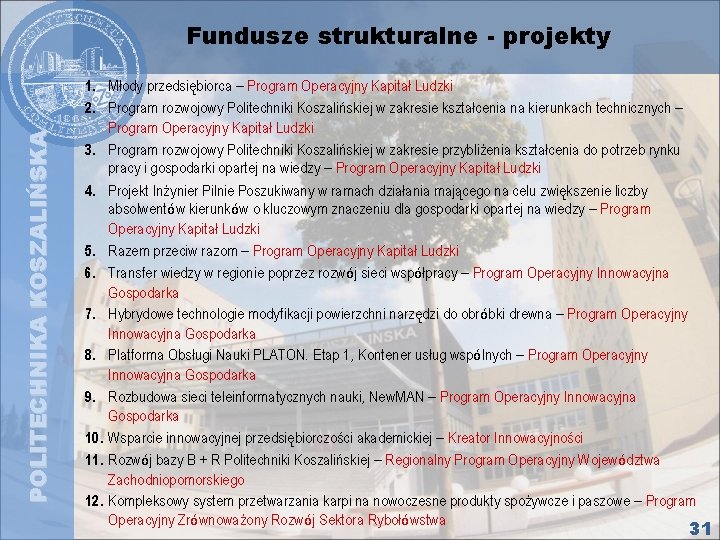 POLITECHNIKA KOSZALIŃSKA Fundusze strukturalne - projekty 1. Młody przedsiębiorca – Program Operacyjny Kapitał Ludzki