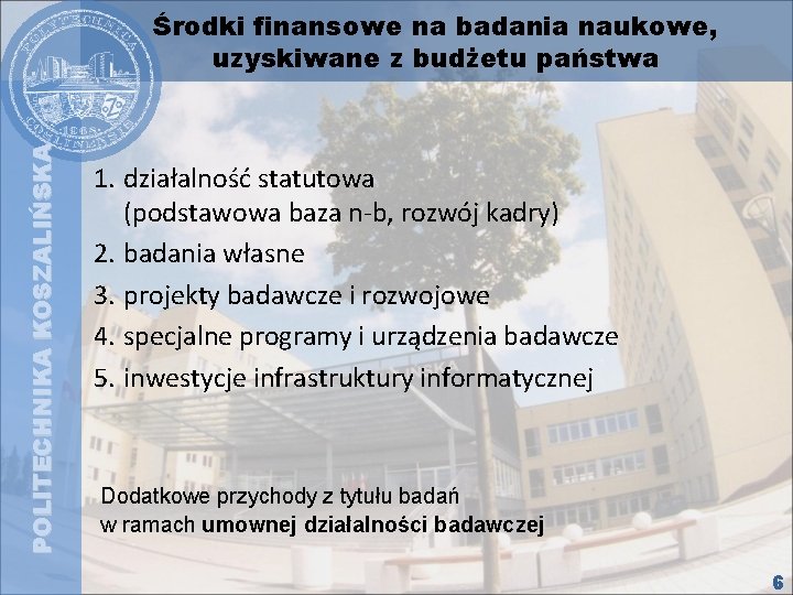 POLITECHNIKA KOSZALIŃSKA Środki finansowe na badania naukowe, uzyskiwane z budżetu państwa 1. działalność statutowa