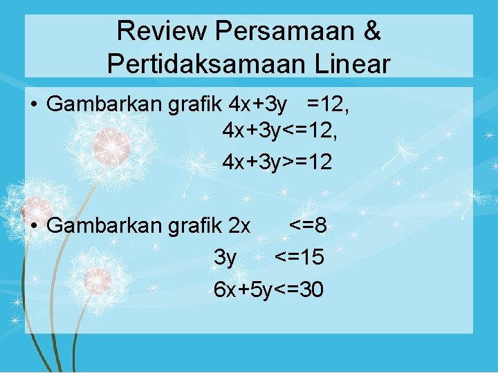 Review Persamaan & Pertidaksamaan Linear • Gambarkan grafik 4 x+3 y =12, 4 x+3