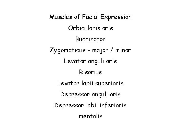 Muscles of Facial Expression Orbicularis oris Buccinator Zygomaticus – major / minor Levator anguli