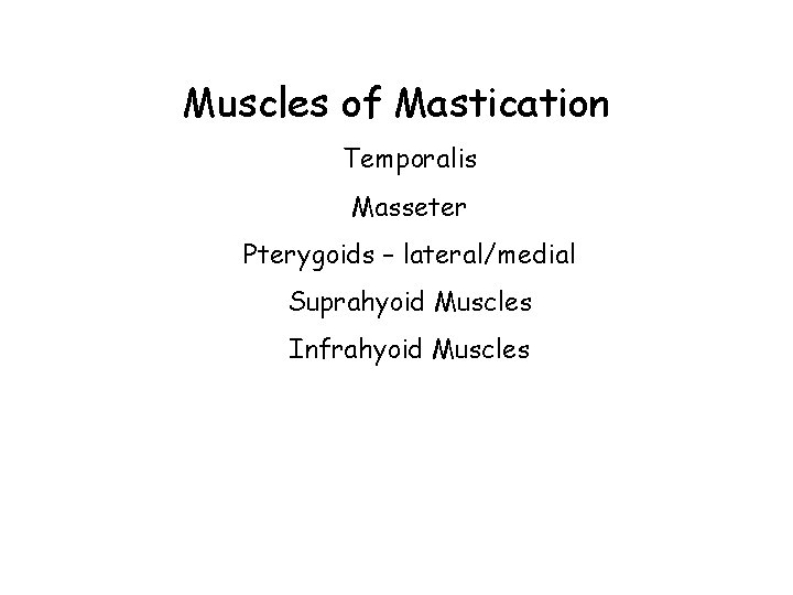 Muscles of Mastication Temporalis Masseter Pterygoids – lateral/medial Suprahyoid Muscles Infrahyoid Muscles 