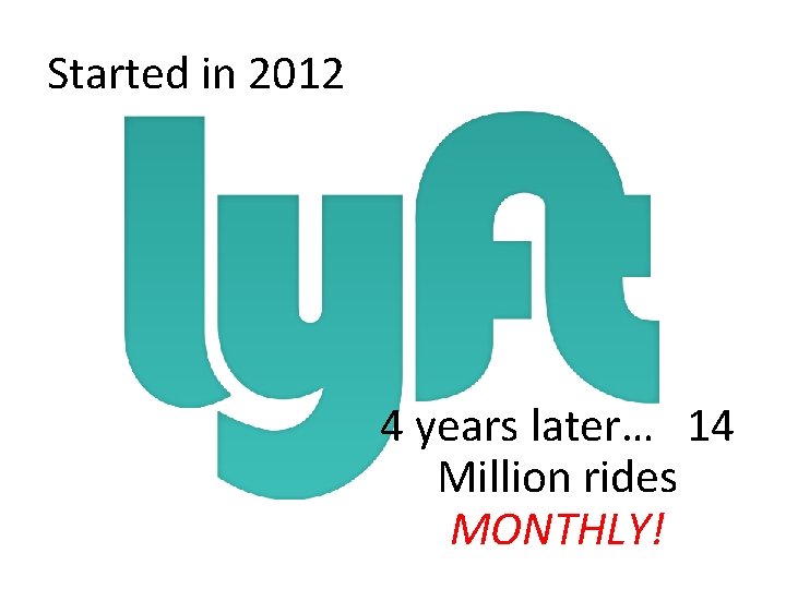 Started in 2012 4 years later… 14 Million rides MONTHLY! 