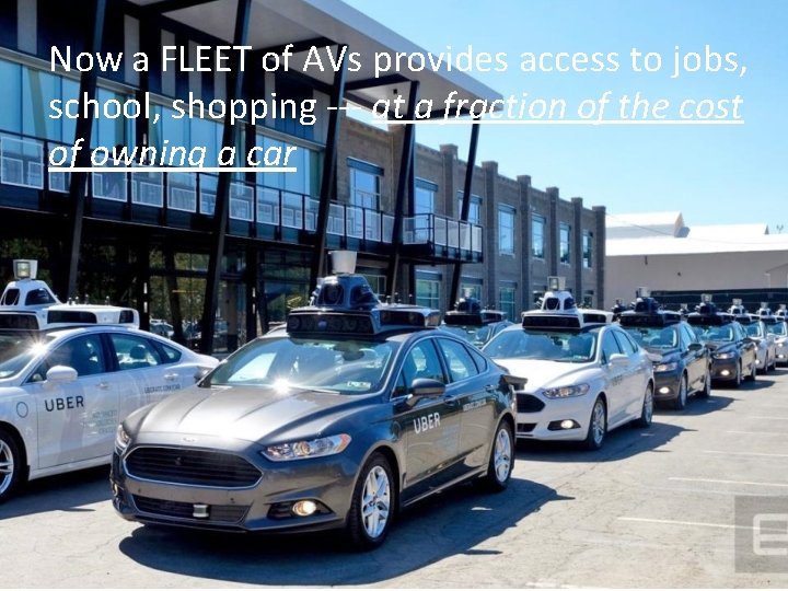 Now a FLEET of AVs provides access to jobs, school, shopping --- at a