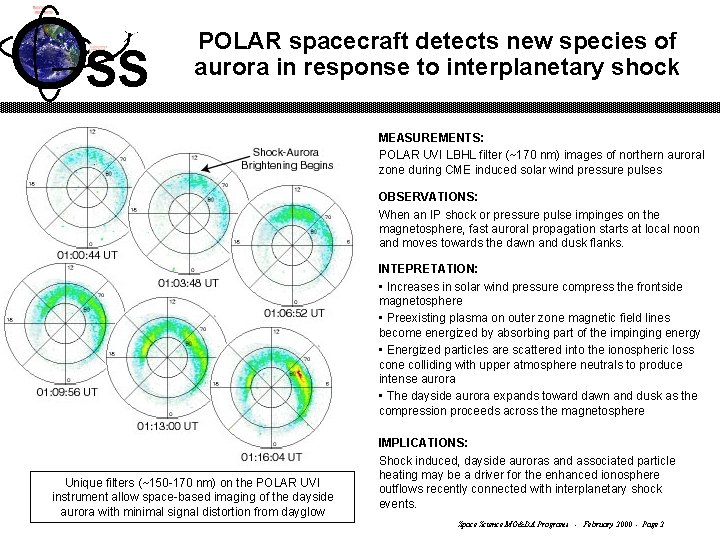 SS POLAR spacecraft detects new species of aurora in response to interplanetary shock MEASUREMENTS: