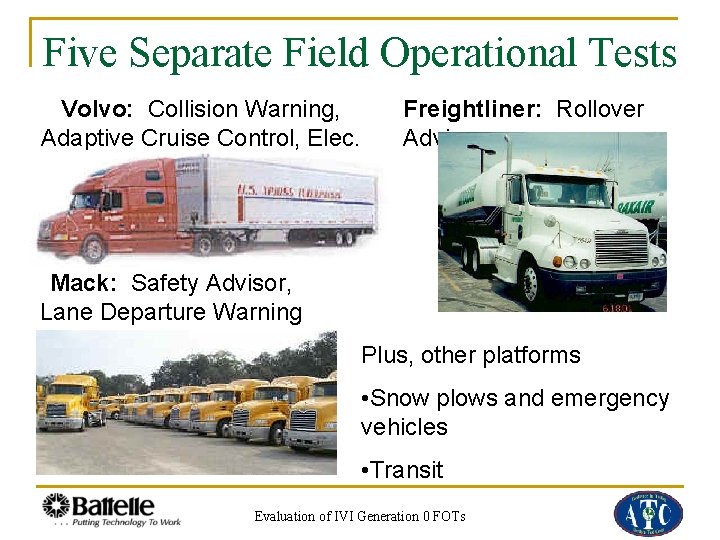 Five Separate Field Operational Tests Volvo: Collision Warning, Adaptive Cruise Control, Elec. Controlled Brakes