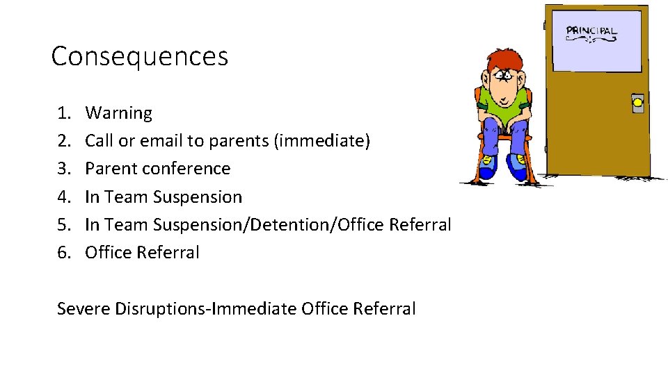 Consequences 1. 2. 3. 4. 5. 6. Warning Call or email to parents (immediate)