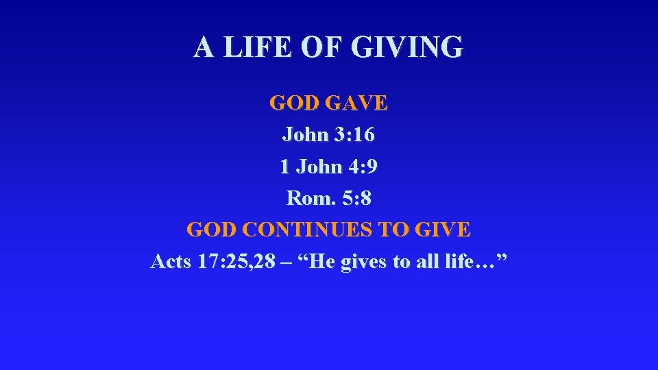 A LIFE OF GIVING GOD GAVE John 3: 16 1 John 4: 9 Rom.