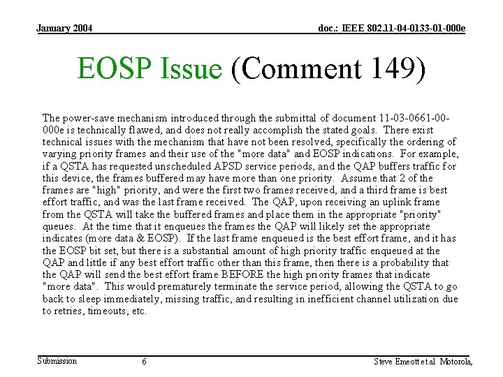 January 2004 doc. : IEEE 802. 11 -04 -0133 -01 -000 e EOSP Issue