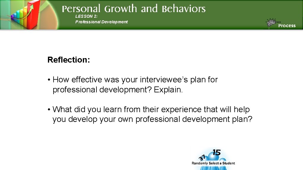 LESSON 2: Professional Development Reflection: • How effective was your interviewee’s plan for professional