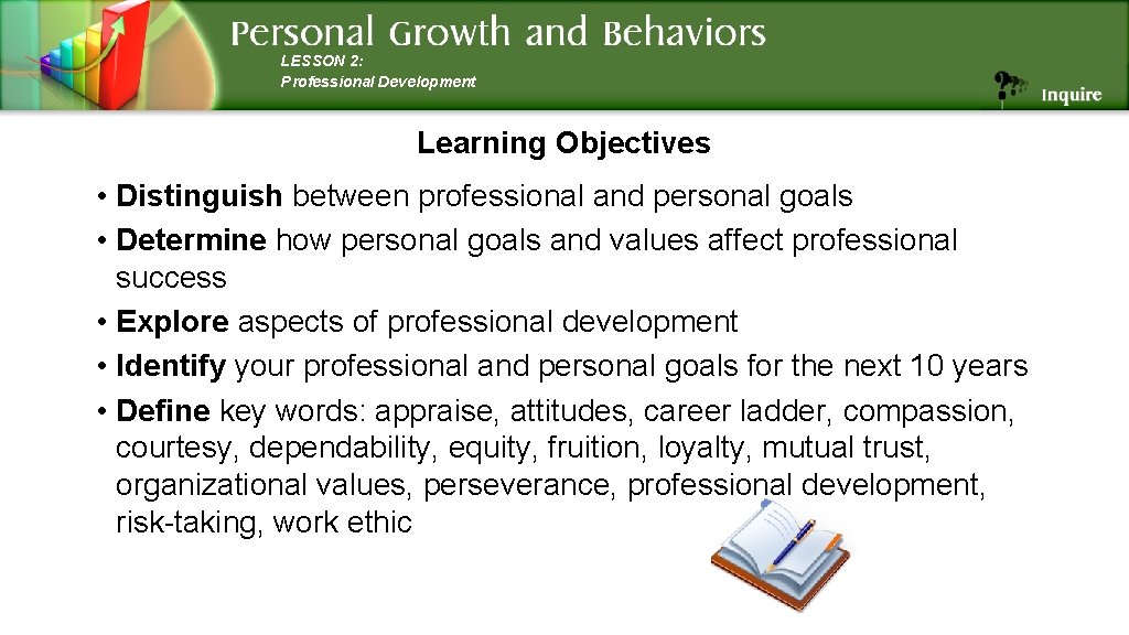 LESSON 2: Professional Development Learning Objectives • Distinguish between professional and personal goals •