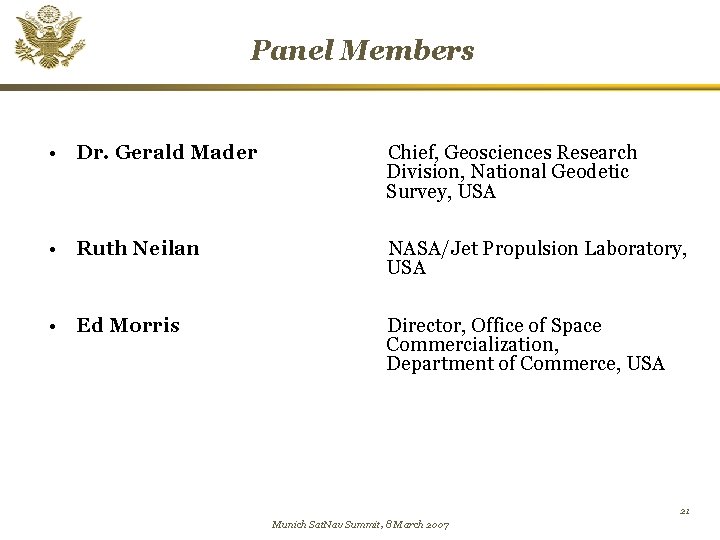 Panel Members • Dr. Gerald Mader Chief, Geosciences Research Division, National Geodetic Survey, USA