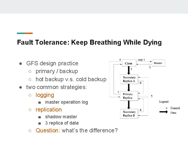 Fault Tolerance: Keep Breathing While Dying ● GFS design practice ○ primary / backup