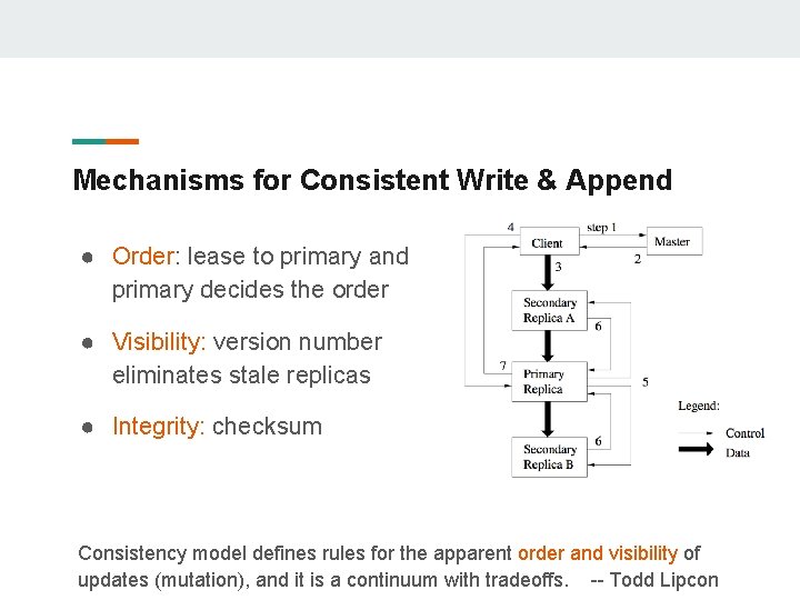 Mechanisms for Consistent Write & Append ● Order: lease to primary and primary decides