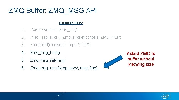 ZMQ Buffer: ZMQ_MSG API Example: Recv 1. Void * context = Zmq_ctx() 2. Void