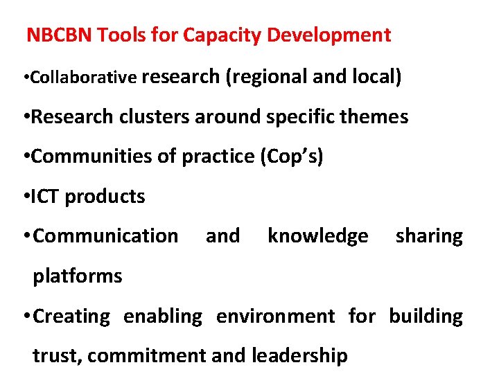 NBCBN Tools for Capacity Development • Collaborative research (regional and local) • Research clusters NBCBN Tools for Capacity Development • Collaborative research (regional and local) • Research clusters
