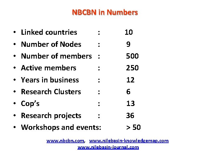 NBCBN in Numbers • • • Linked countries : Number of Nodes : Number NBCBN in Numbers • • • Linked countries : Number of Nodes : Number