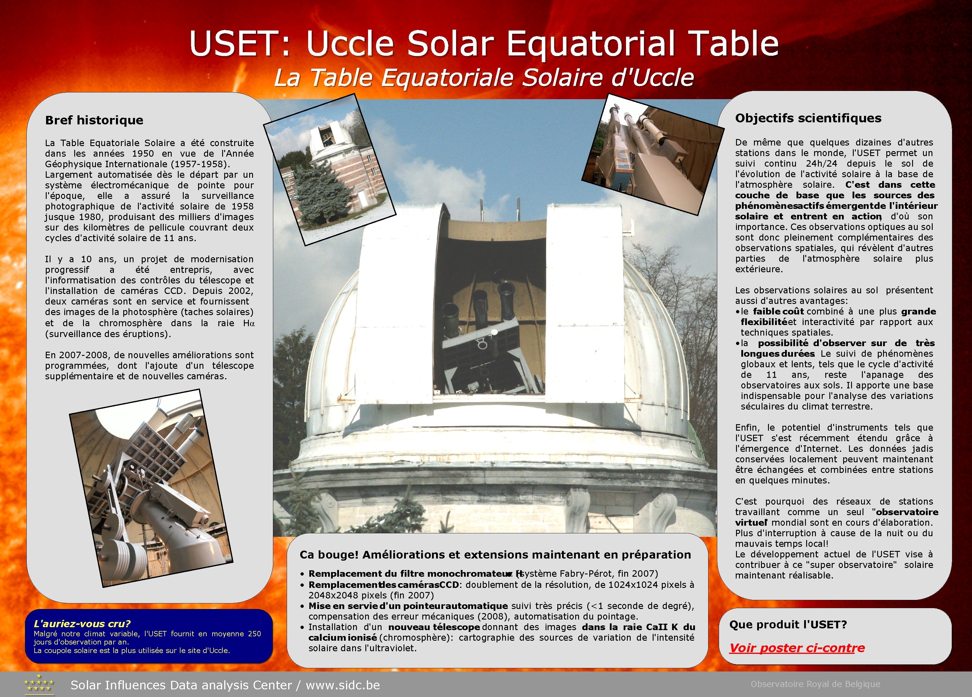 USET: Uccle Solar Equatorial Table La Table Equatoriale Solaire d'Uccle Bref historique Objectifs scientifiques
