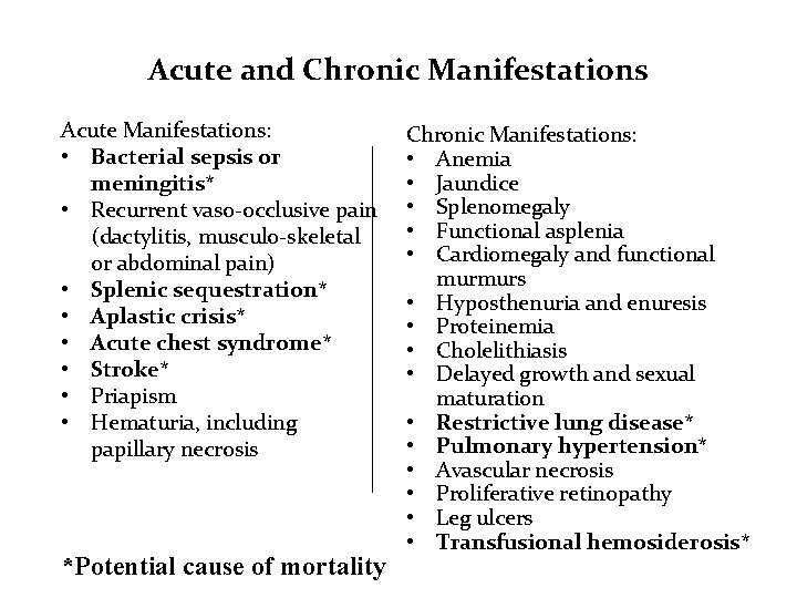 Acute and Chronic Manifestations Acute Manifestations: • Bacterial sepsis or meningitis* • Recurrent vaso-occlusive