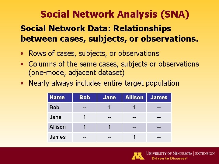 Social Network Analysis (SNA) Social Network Data: Relationships between cases, subjects, or observations. •