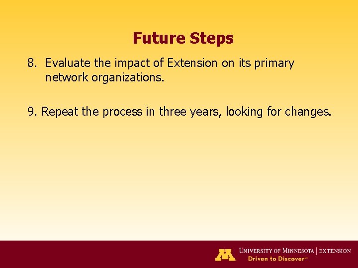 Future Steps 8. Evaluate the impact of Extension on its primary network organizations. 9.