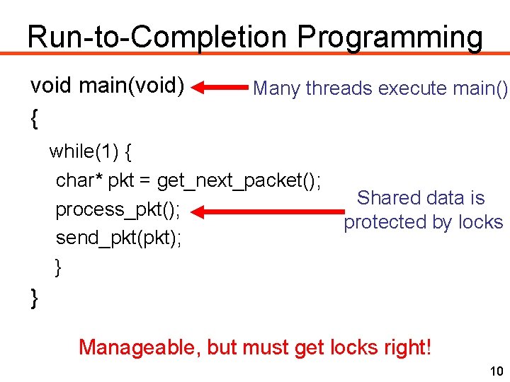 Run-to-Completion Programming void main(void) { Many threads execute main() while(1) { char* pkt =
