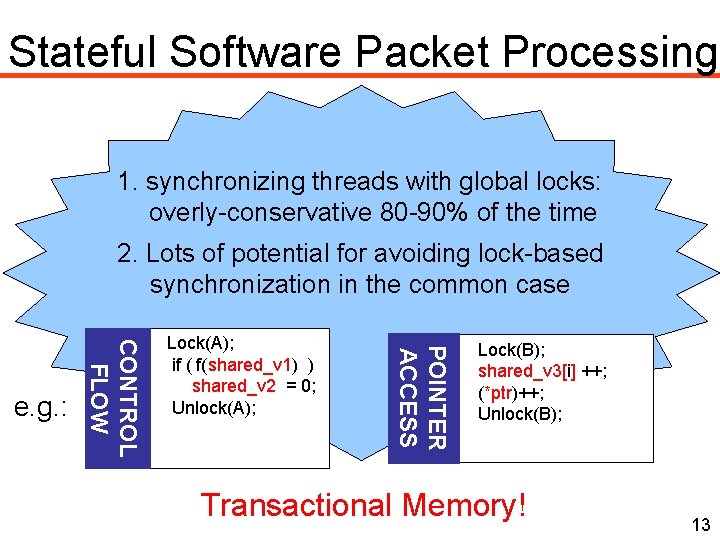 Stateful Software Packet Processing 1. synchronizing threads with global locks: overly-conservative 80 -90% of