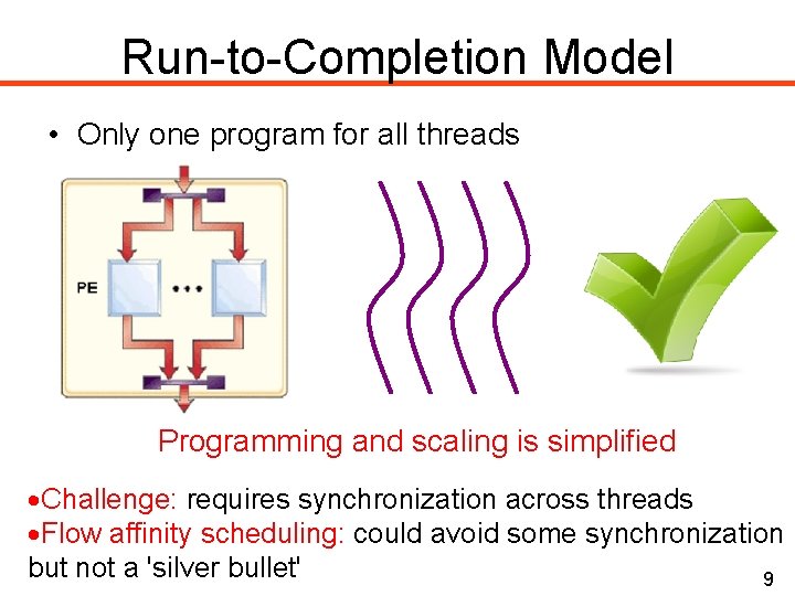 Run-to-Completion Model • Only one program for all threads Programming and scaling is simplified