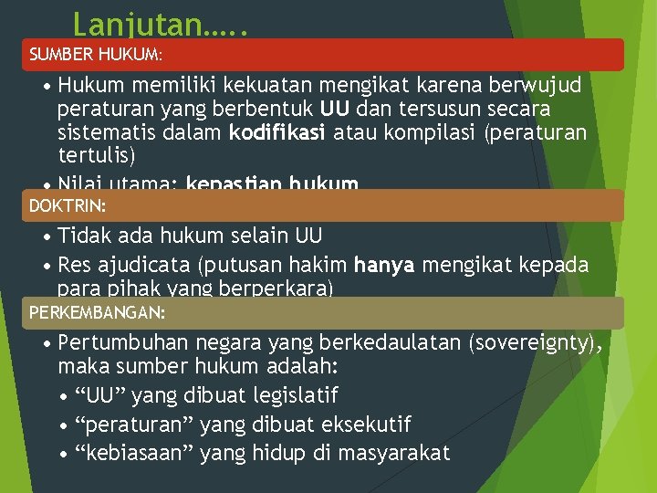 Lanjutan…. . SUMBER HUKUM: • Hukum memiliki kekuatan mengikat karena berwujud peraturan yang berbentuk