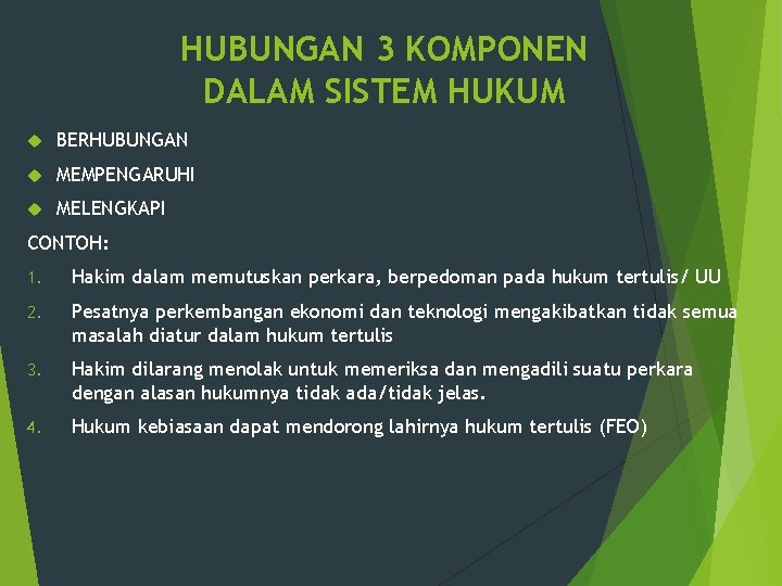 HUBUNGAN 3 KOMPONEN DALAM SISTEM HUKUM BERHUBUNGAN MEMPENGARUHI MELENGKAPI CONTOH: 1. Hakim dalam memutuskan